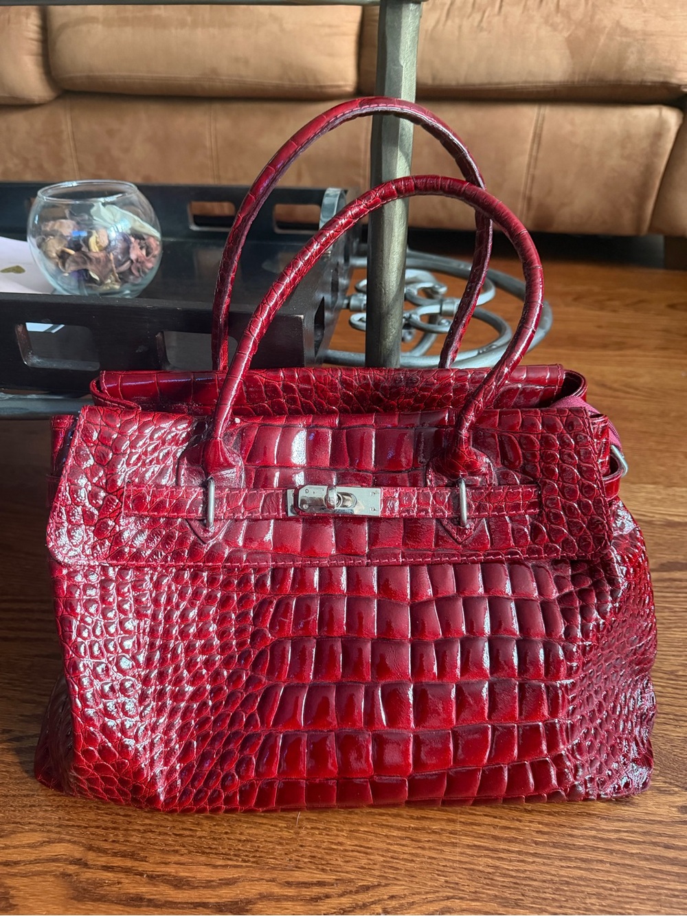 Croc-Embossed Red Leather Tote with Top Handles